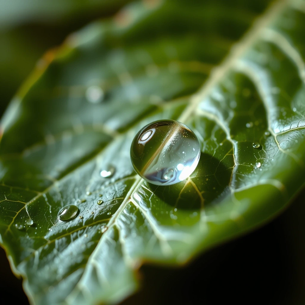 Makroaufnahme eines Wassertropfens auf einem grünen Blatt