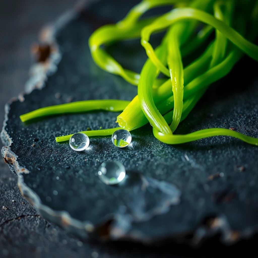 Makroaufnahme grüner Algen und Wassertropfen